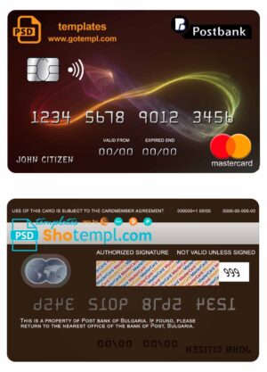 Bulgaria Post Bank mastercard credit card template in PSD format, fully editable