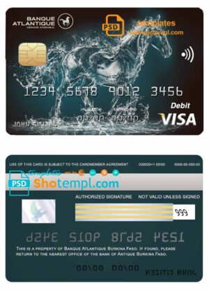 Burkina Faso Atlantique bank visa credit card template in PSD format, fully editable