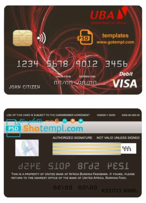 Burkina Faso United bank for Africa visa credit card template in PSD format