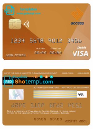 Burundi Access bank visa credit card template in PSD format, fully editable