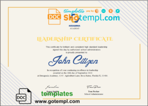 USA Leadership certificate template in Word and PDF format, fully editable