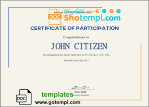 USA Talent Show Participation certificate template in Word and PDF format