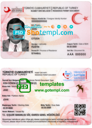 Turkey residence permit document template in PSD format, fully editable