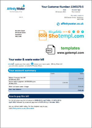 United Kingdom Affinity Water utility bill template in Word and PDF format