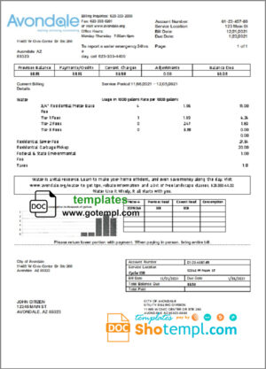 USA Arizona The City of Avondale Water utility bill template in Word and PDF format