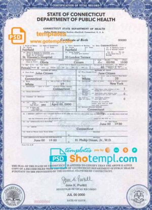 USA Connecticute state birth certificate template in PSD format, fully editable