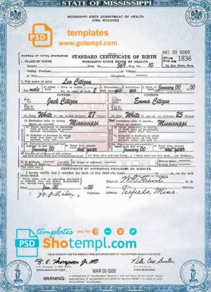 USA Mississippi state birth certificate template in PSD format, fully editable