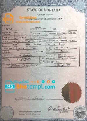 USA Montana state birth certificate template in PSD format, fully editable