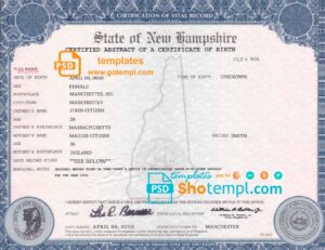 USA New Hampshire state birth certificate template in PSD format, fully editable