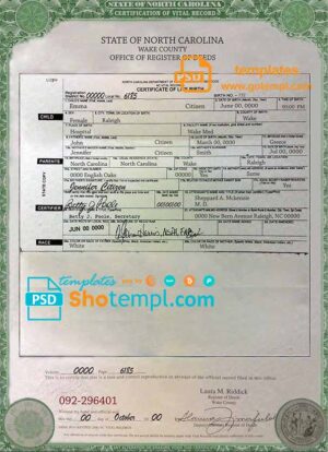 USA North Carolina state birth certificate template in PSD format, fully editable