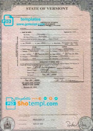 USA Vermont state birth certificate template in PSD format, fully editable