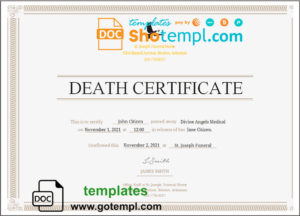 USA Certificate of Death template in Word and PDF format, fully editable