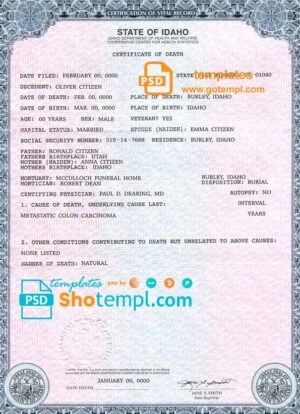 USA state Idaho death certificate template in PSD format, fully editable