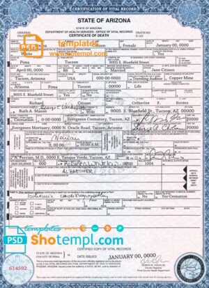 USA state Arizona death certificate template in PSD format, fully editable