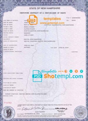USA state New Hampshire death certificate template in PSD format, fully editable