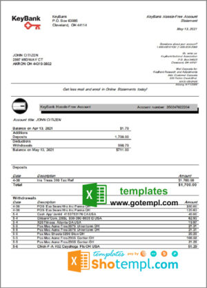 USA Ohio KeyBank bank statement template in Excel and PDF format