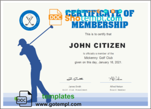 USA Golf Club Membership certificate template in Word and PDF format