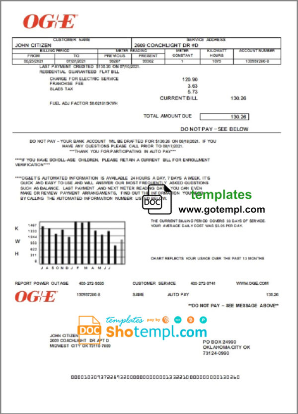 USA Oklahoma OGE Energy utility bill template in Word and PDF format