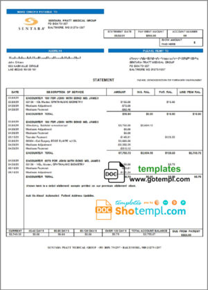 USA Sentara Pratt Medical Group billing statement template in Word and PDF format