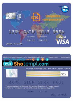 Algeria banque extérieure visa credit card template in PSD format, fully editable