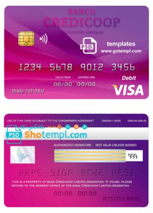 Argentina bank Credicoop visa credit card template in PSD format, fully editable