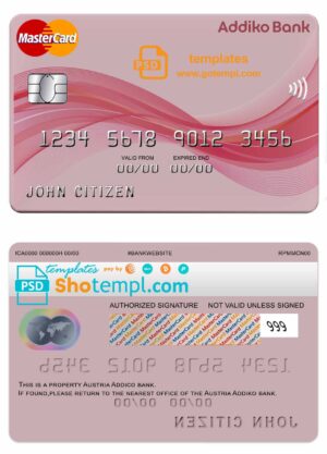 Austria Addiko bank mastercard credit card template in PSD format, fully editable