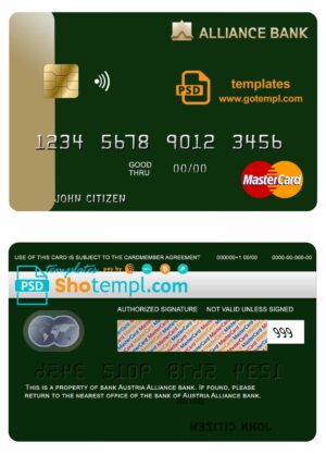 Austria Alliance bank mastercard credit card template in PSD format, fully editable