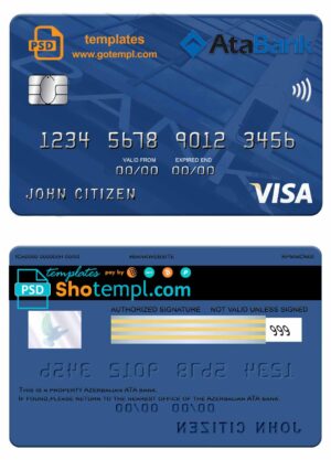 Azerbaijan ATA bank visa credit card template in PSD format, fully editable