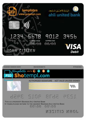 Bahrain Ahli United bank visa card credit card template in PSD format, fully editable