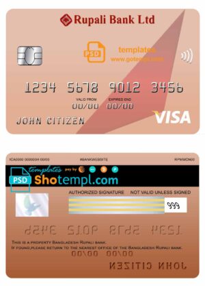 Bangladesh Rupali bank visa credit card template in PSD format, fully editable