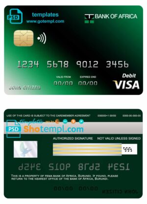 Burundi Africa bank visa card credit template in PSD format, fully editable