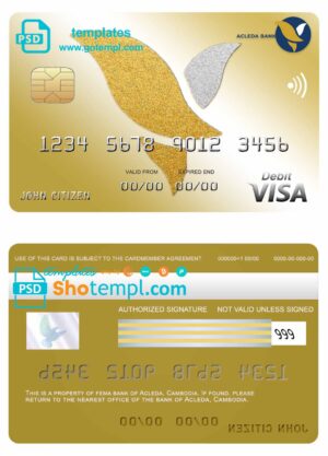 Cambodia Acleda bank visa credit card template in PSD format, fully editable
