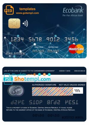 Central African Republic Ecobank mastercard credit card template in PSD format, fully editable