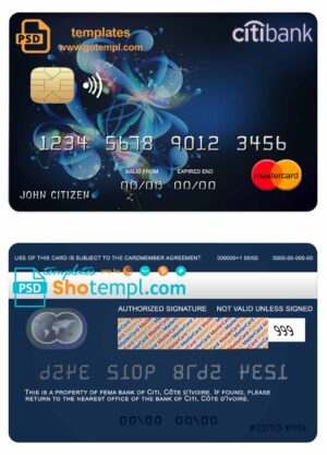 Côte d’Ivoire Citi bank mastercard credit card template in PSD format, fully editable