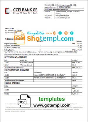 Equatorial Guinea CCEI bank proof of address statement template in Word and PDF format