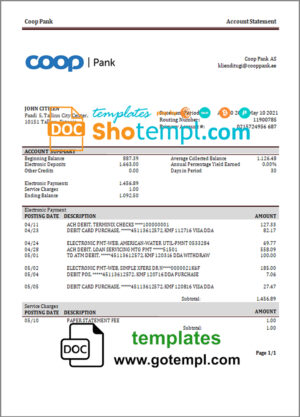 Estonia Coop Pank proof of address bank statement template in Word and PDF format,(.doc and .pdf)