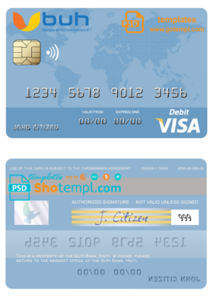 Haiti BUH Bank visa card template in PSD format, fully editable