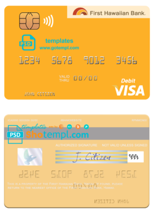 Hawaii First Hawaiian Bank visa card template in PSD format, fully editable