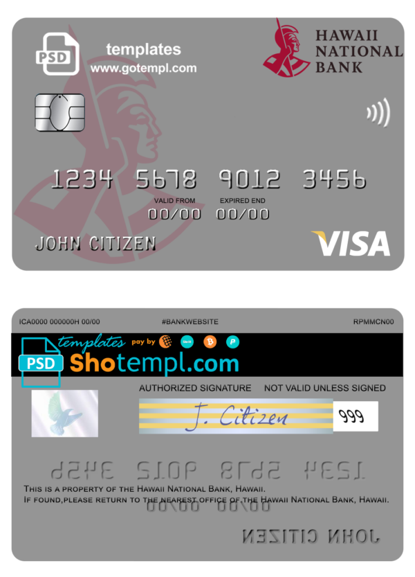 Hawaii National Bank visa card template in PSD format, fully editable