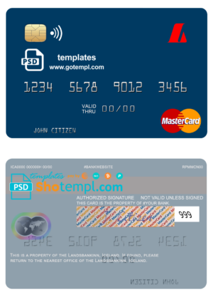 Iceland Landsbankinn mastercard template in PSD format, fully editable