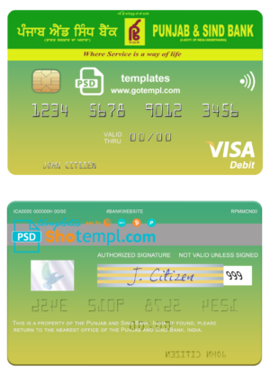India Punjab and Sind Bank visa card template in PSD format, fully editable