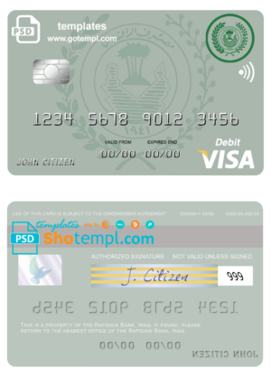 Iraq Rafidain Bank visa card version 2 template in PSD format, fully editable