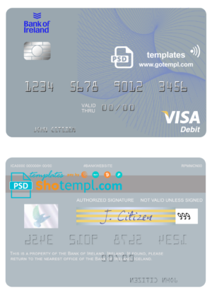 Ireland Bank of Ireland visa card template in PSD format, fully editable