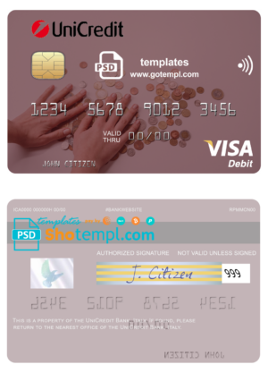 Italy UniCredit Bank visa card fully editable template in PSD format