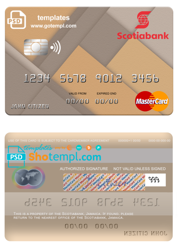 Jamaica Scotiabank mastercard fully editable template in PSD format