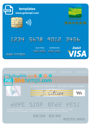 Japan Norinchukin Bank visa card fully editable template in PSD format