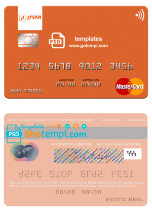 Kazakhstan First Heartland Jýsan Bank mastercard fully editable template in PSD format
