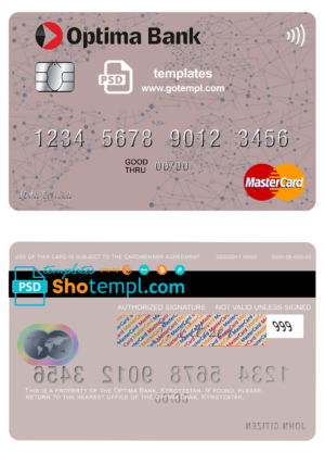 Kyrgyzstan Optima Bank mastercard fully editable template in PSD format