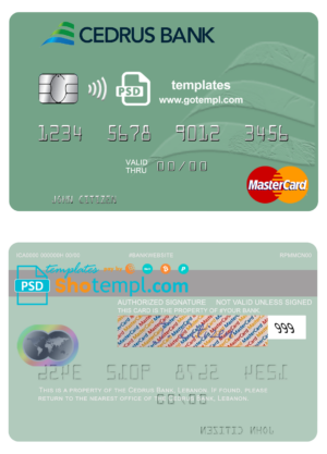 Lebanon Cedrus Bank mastercard fully editable template in PSD format