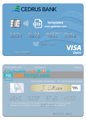Lebanon Cedrus Bank visa card fully editable template in PSD format